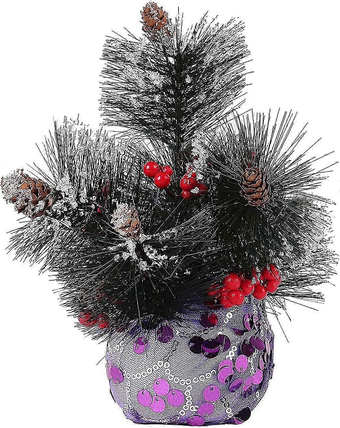 Optimised Mini Artificial Christmas Tree - 8 Inches Tall - Imitation Pine Branches - Table Top Decoration with Purple Fabric Base