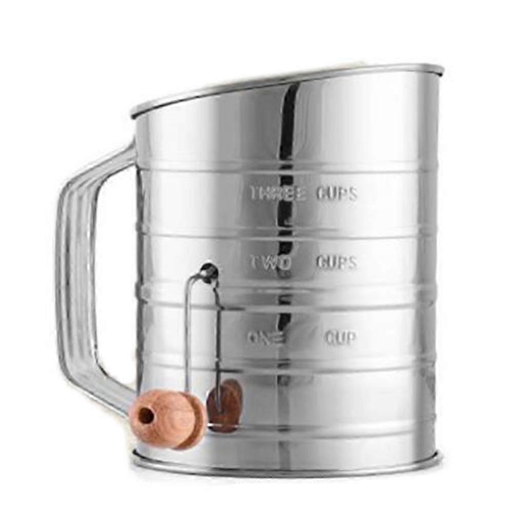 3-Cup Stainless Steel Fine Mesh Rotary Flour Sifter with Hand Crank and Agitator Wire for Baking