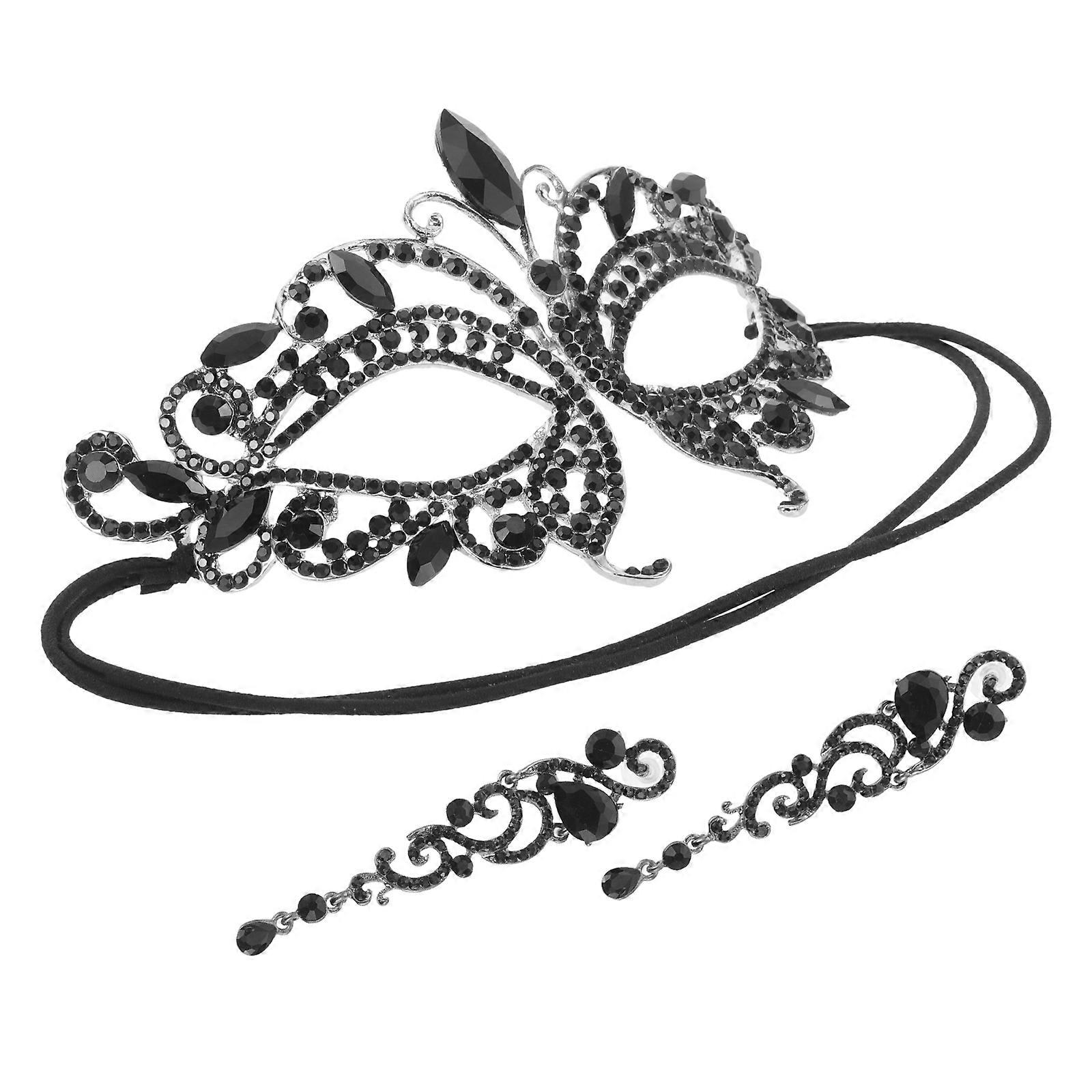 Masquerade Mask Drop Earrings for Decoration 2Sets Black Alloy