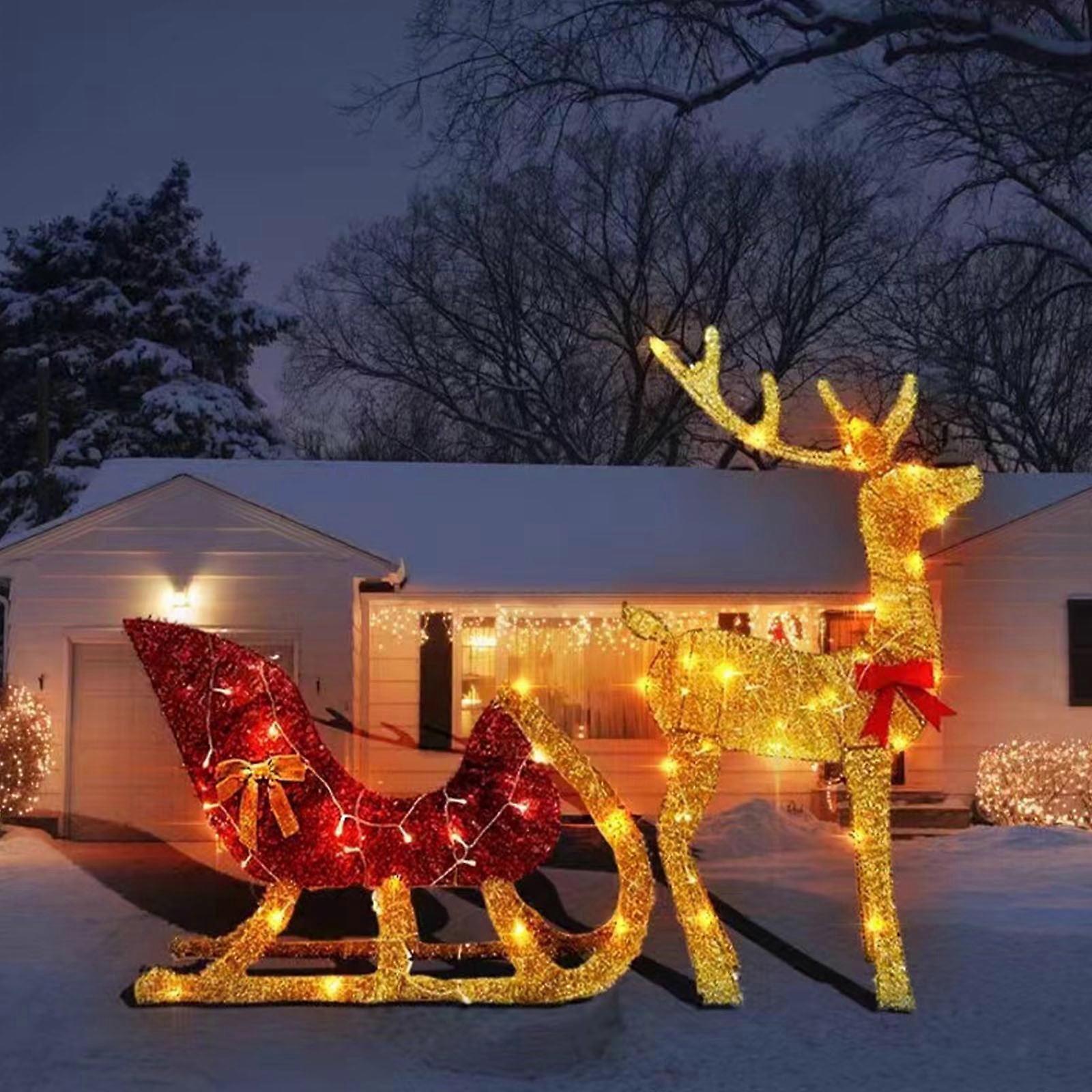 Christmas Clearance: Set of 2 Lighted Reindeer with Sleigh, LED Outdoor Yard Decor | Compatible with Tpzfurit | Easy Setup