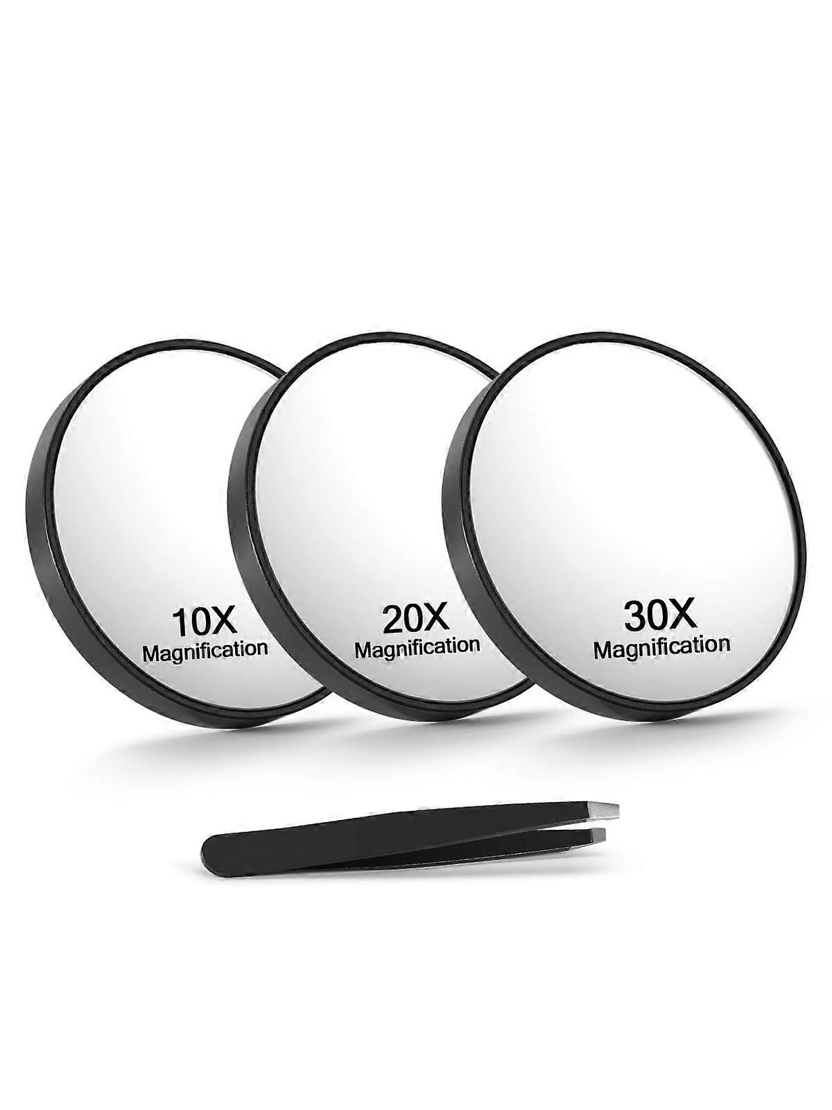 10X/20X/30X Magnifying Mirror With Suction Cups And Tweezers, 3.5Inch Travel Makeup Mirror, Black, 3Piece Set