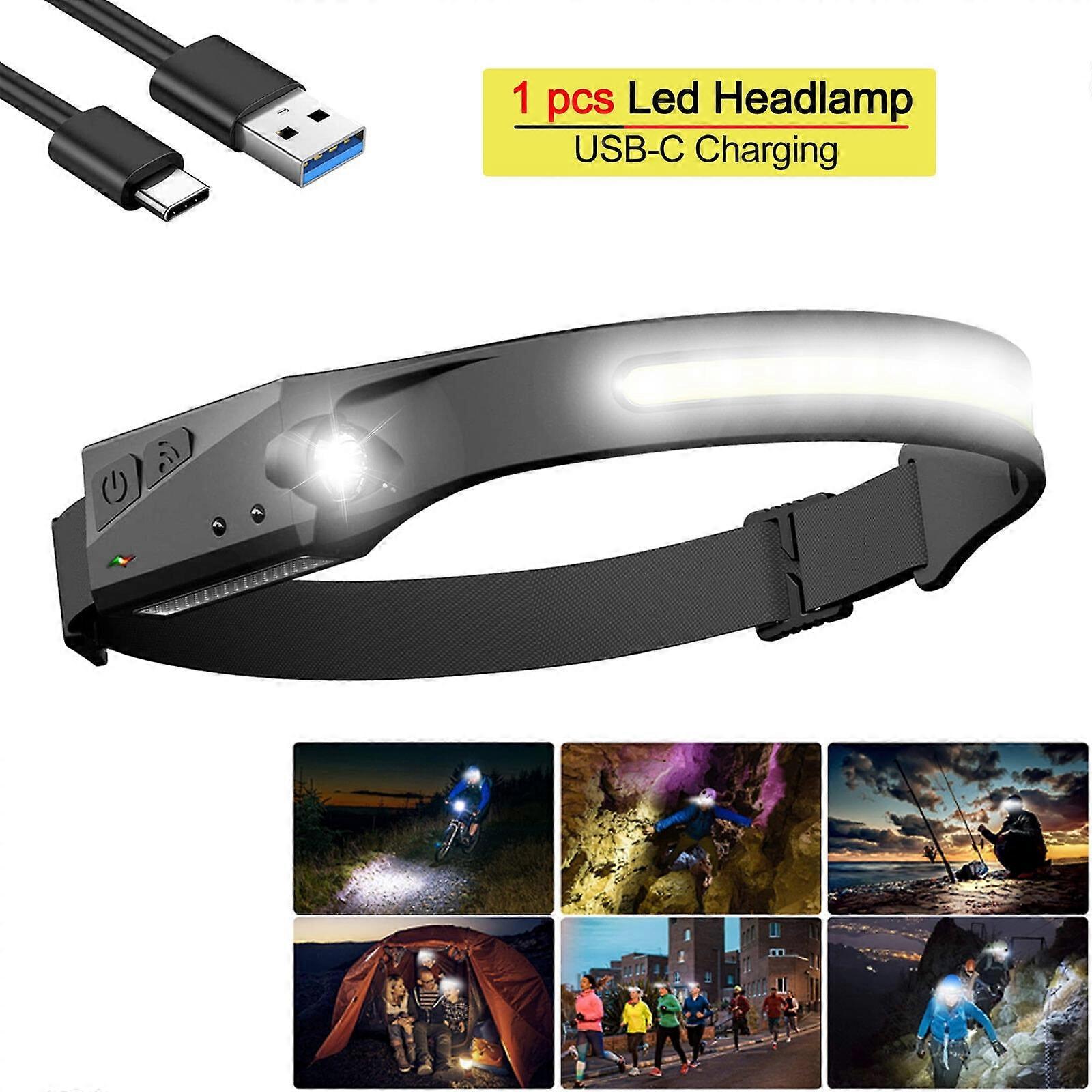 Black LED Headlamp 350LM 1200mAh, Motion Sensor 230° Illumination, Type-C Rechargeable Lightweight Head Torch for Camping Running Fishing