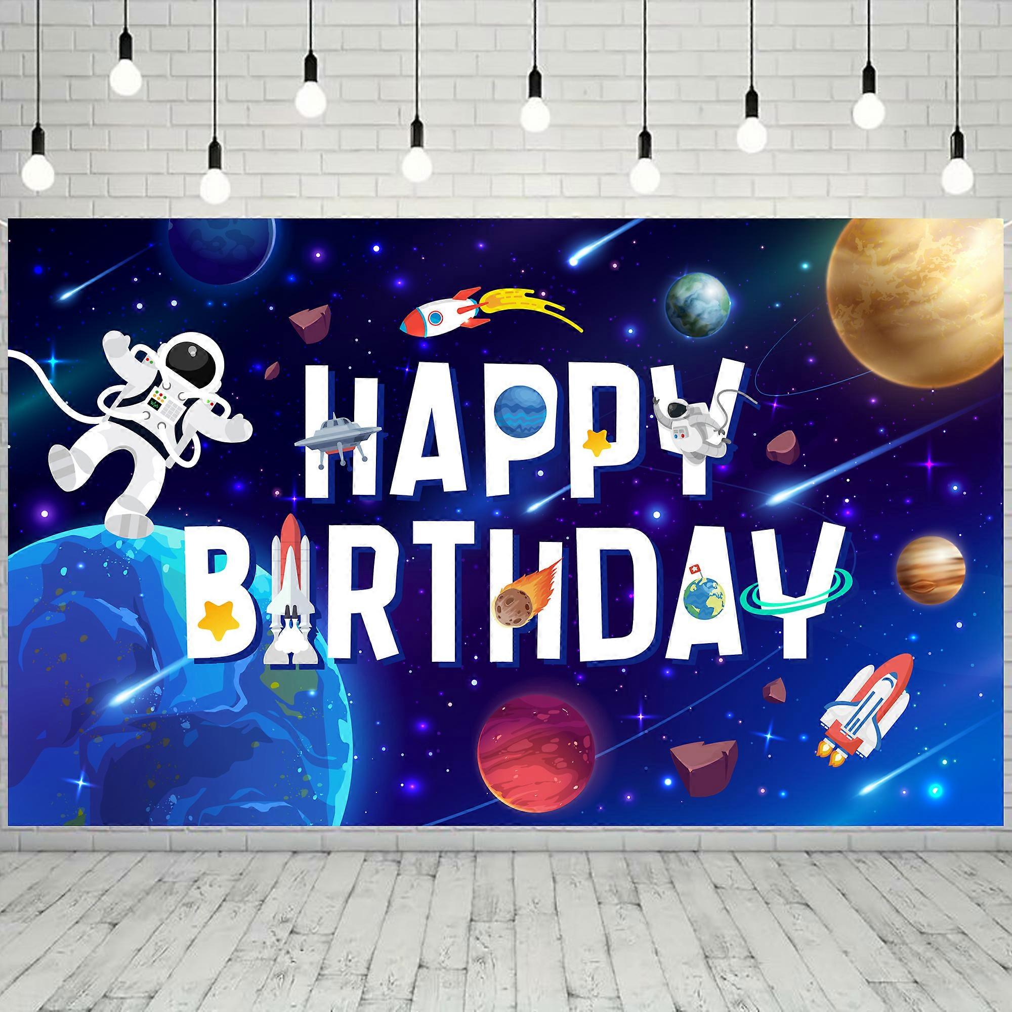 Space Backdrop, 71'' x 43'' Outer Space Birthday Backdrop, Outer Space Happy Birthday Backdrop for Outer Space Party Decorations