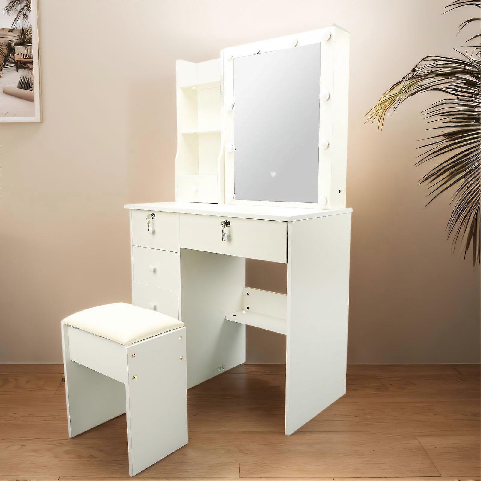 Modern Cream Vanity Desk with Mirror, Lights & Drawers 80x40x132cm