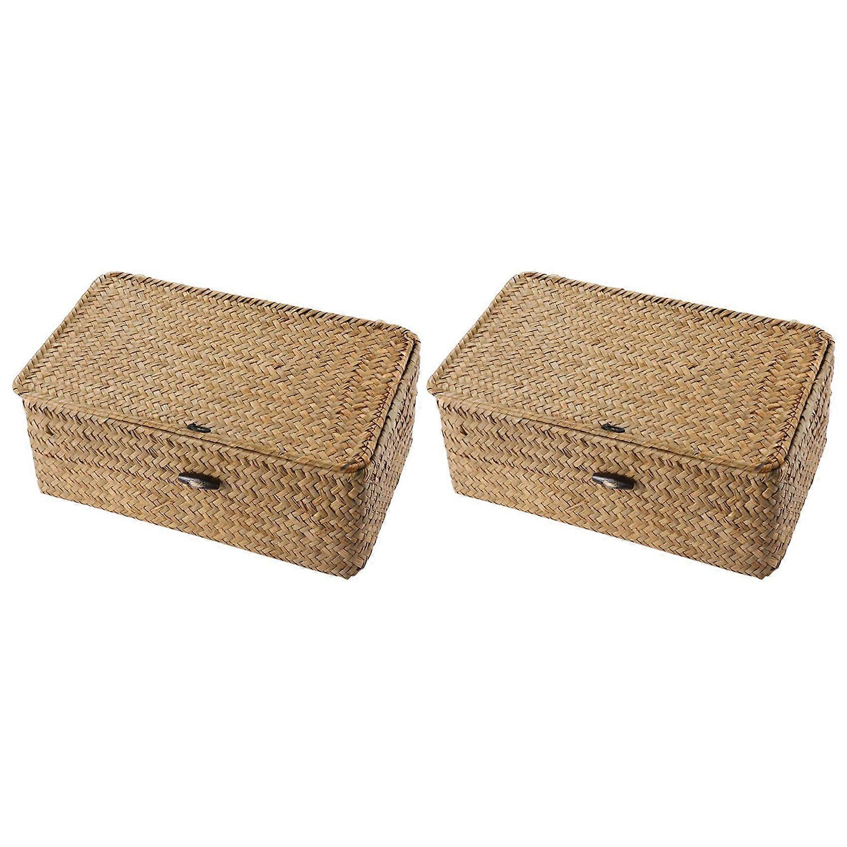 2X Rattan Storage Basket,Straw Seaweed Basket, Hand-Woven Storage Basket Multipurpose Container with Lid (10cm)