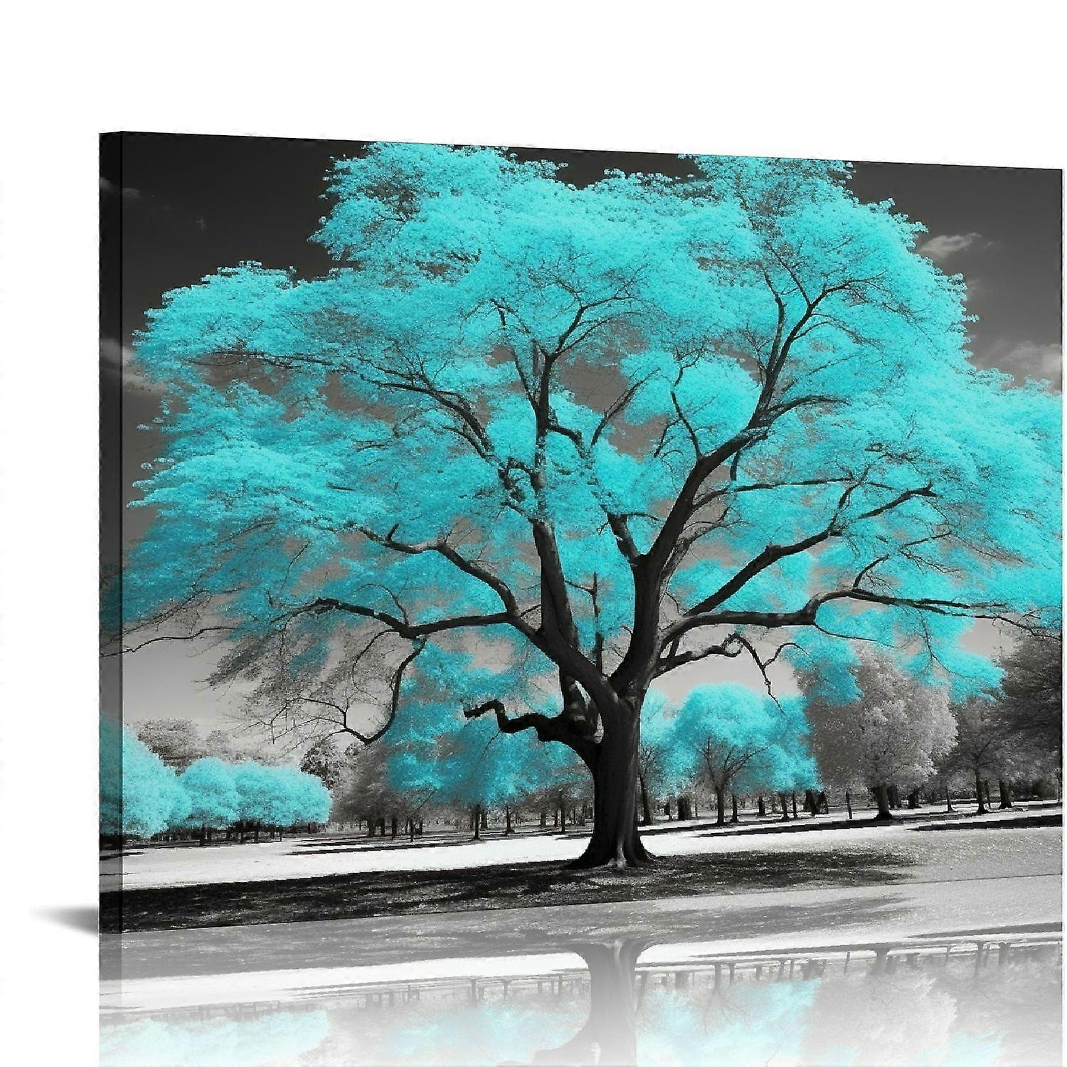 Teal Tree Canvas Wall Art Turkis vægindretning lærredstryk, indrammet kunst til stuen soveværelse dekoration-kafeiaaa453