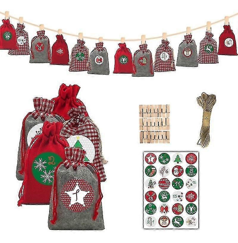 Felt Fabric Calendar Bag Set Felt Gift Drawstring Bag With Digital Stickers Christmas Advent Countdo