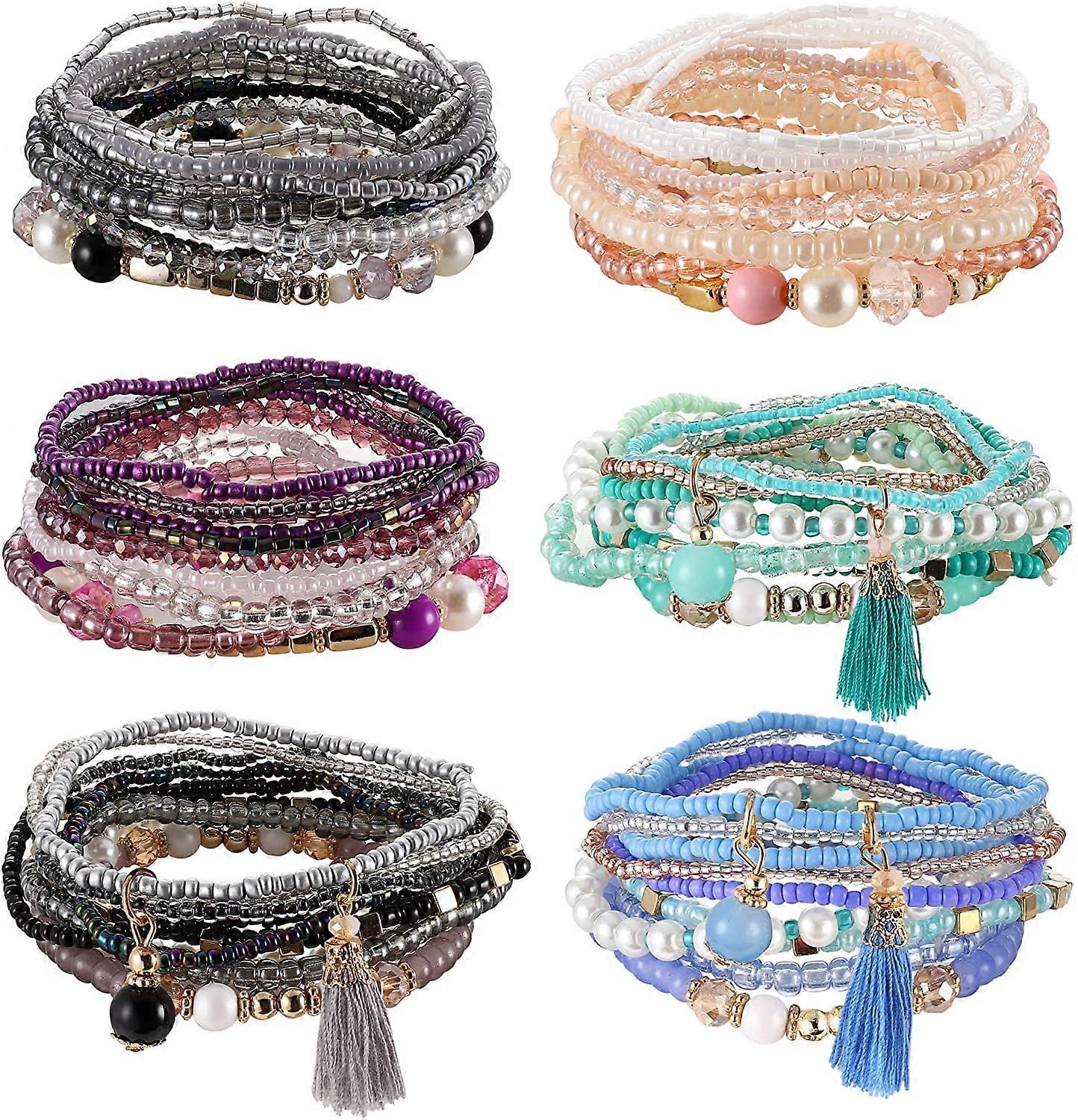 Jstyle 6 Sets Bohemian Stackable Bead Bracelets for Women Stretch Bohemian Bracelets Multilayered Boho Bracelet Sets Multicolor Jewelry