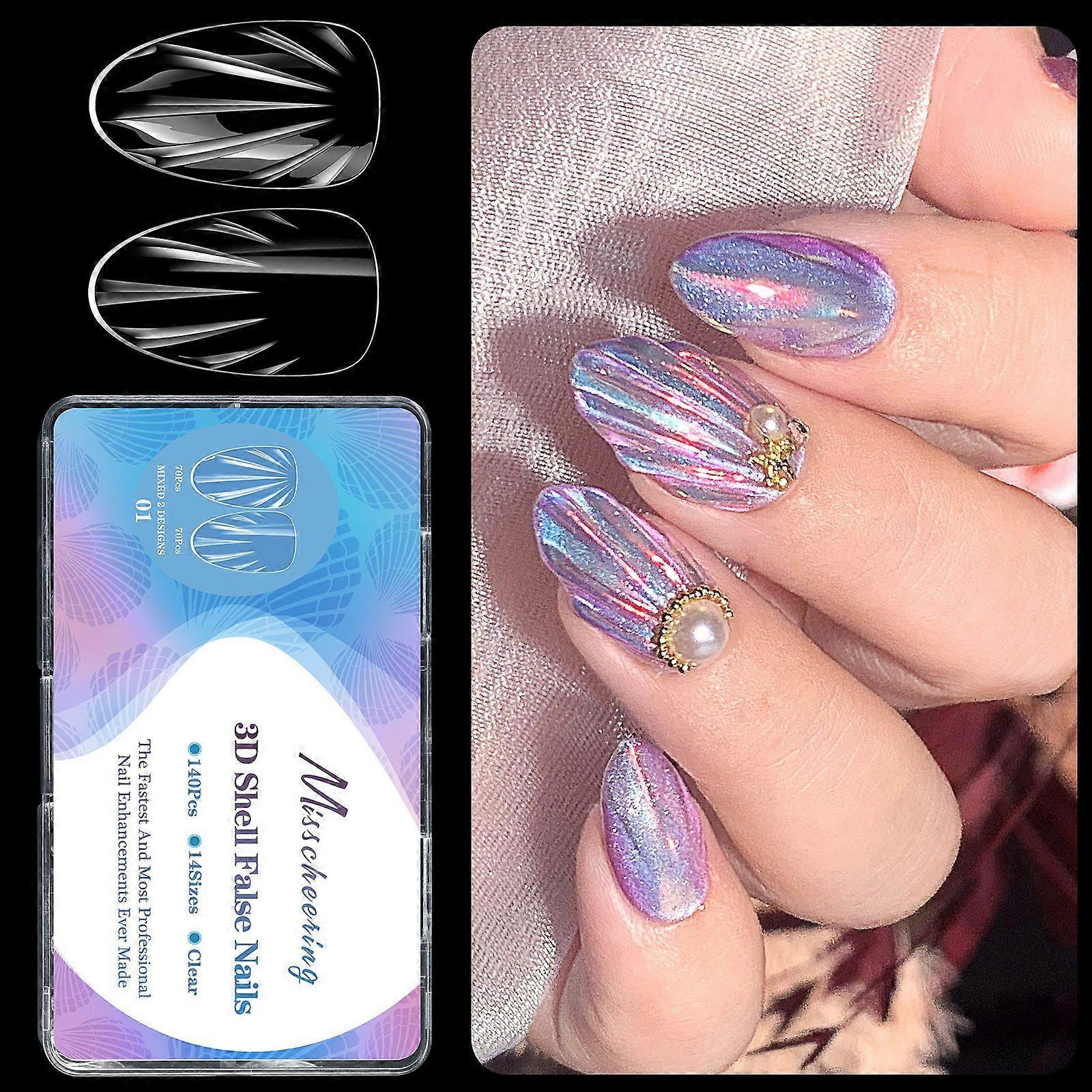 Press On Nail Almond Shapeds 3D Shell Pattern Artificial Nail SelfAdhesive Reusable Nail Art Multiple Color Options Multicolor