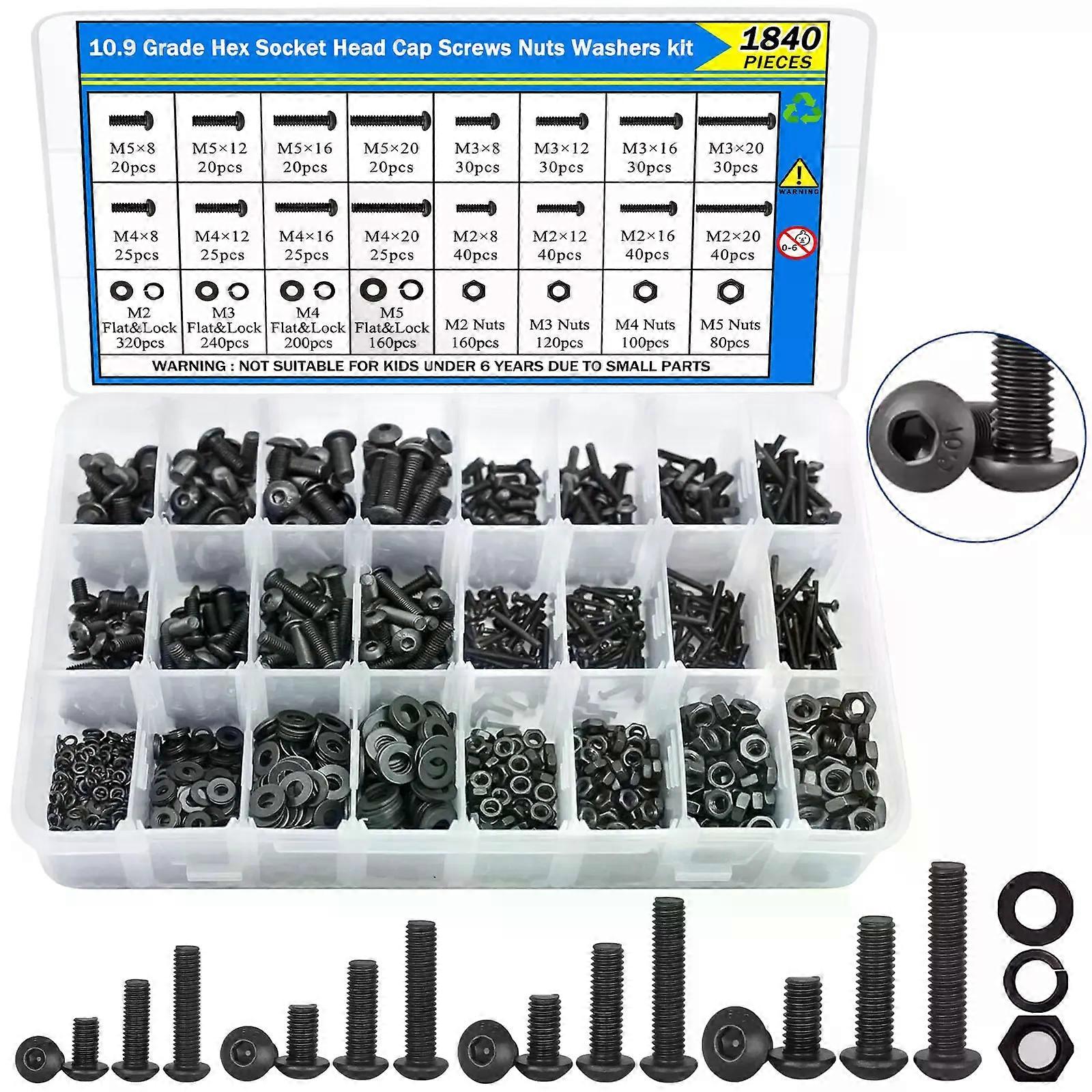 1840PCS 10.9 Alloy Steel Screw Kit, M2 M3 M4 M5 Hex Button Head Bolts Nuts Set with Flat/Lock Washers & Wrenches