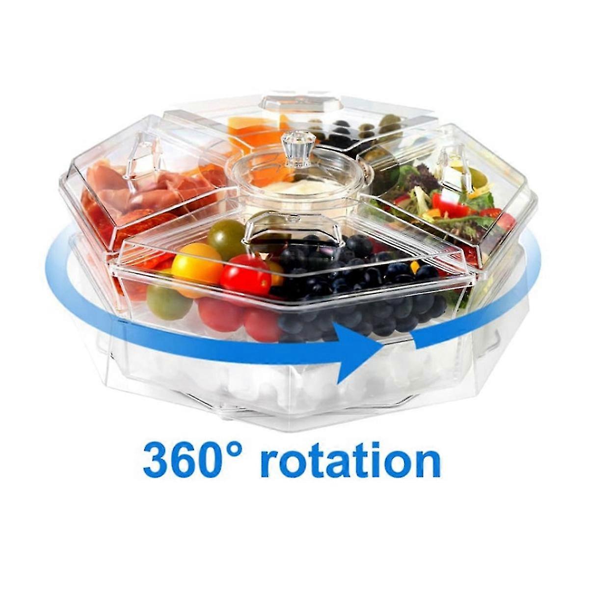 Rotating Chilled Serving Tray,Ice Chilled Partys Platter with 5 Removable Compartment and Lid,Cocktail Serving Dish