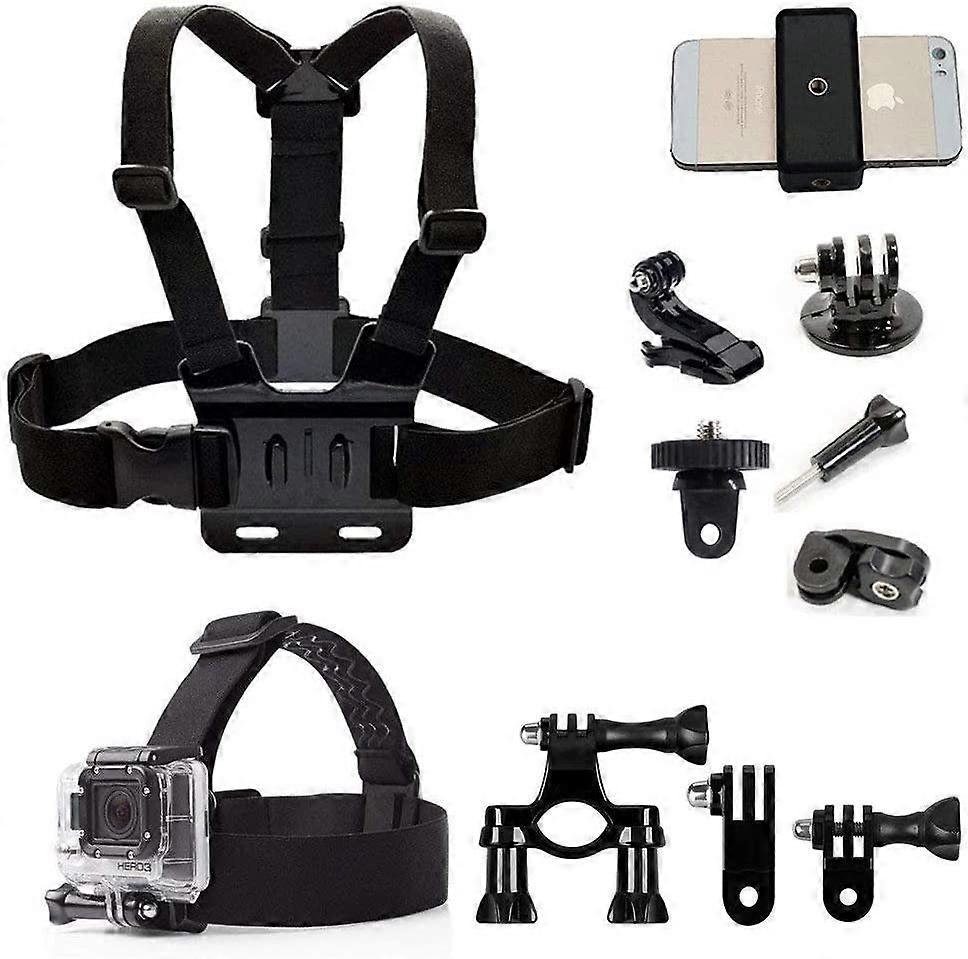 Action Camera Accessories Handlebar Head Chest Mount Strap Harness Adaptor with Cell Phone Clip for Gopro Hero/ compatible with Sony