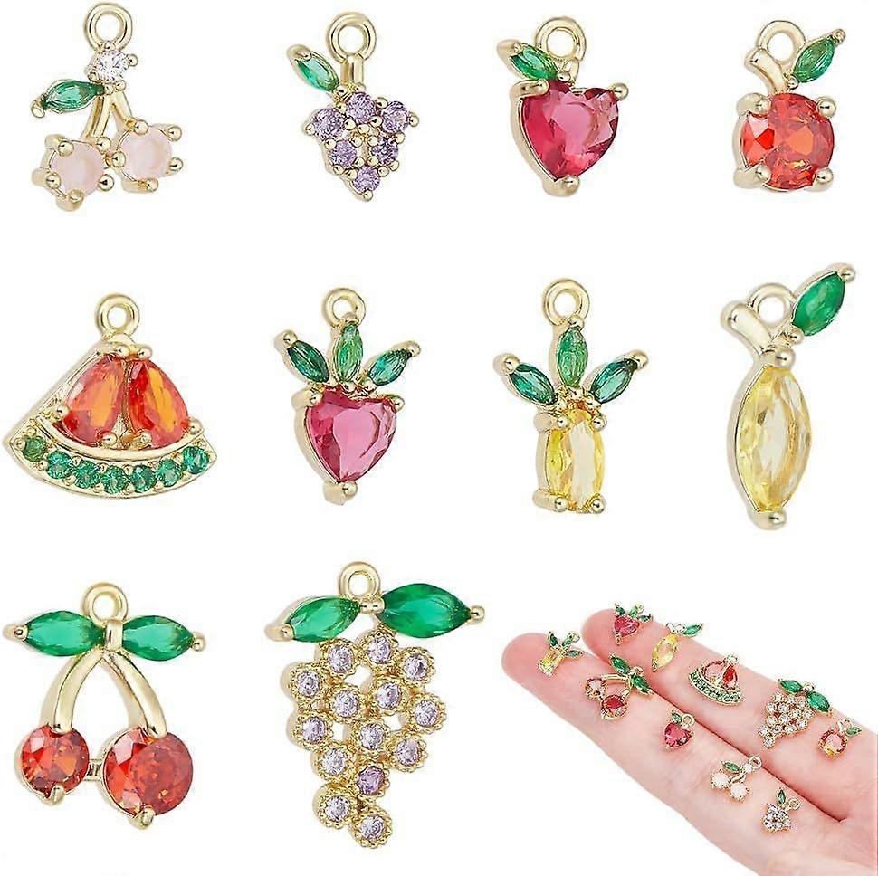 Lot de 10 breloques fruits (10 styles différents) en émail doré et zircon cubique, idéales pour la création de bijoux (colliers, bracelets, boucles d'oreilles). Trou : 1-1,2 mm.