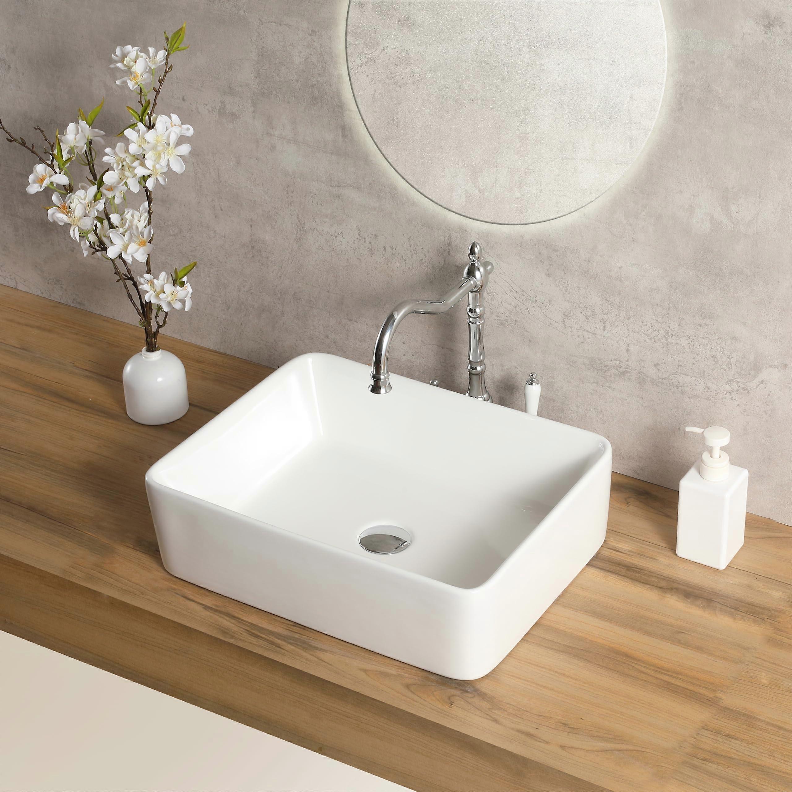 White Rectangle Bathroom Vessel Sink 19x15 Inch Ceramic Above Counter Vanity Basin with PopUp Drain