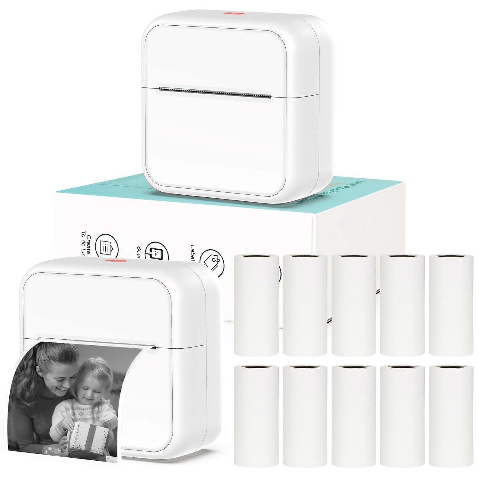 Mini Thermal Printer Bluetooth Wireless, Pocket Sticker Printer for iPhone Android, White with 10 Rolls