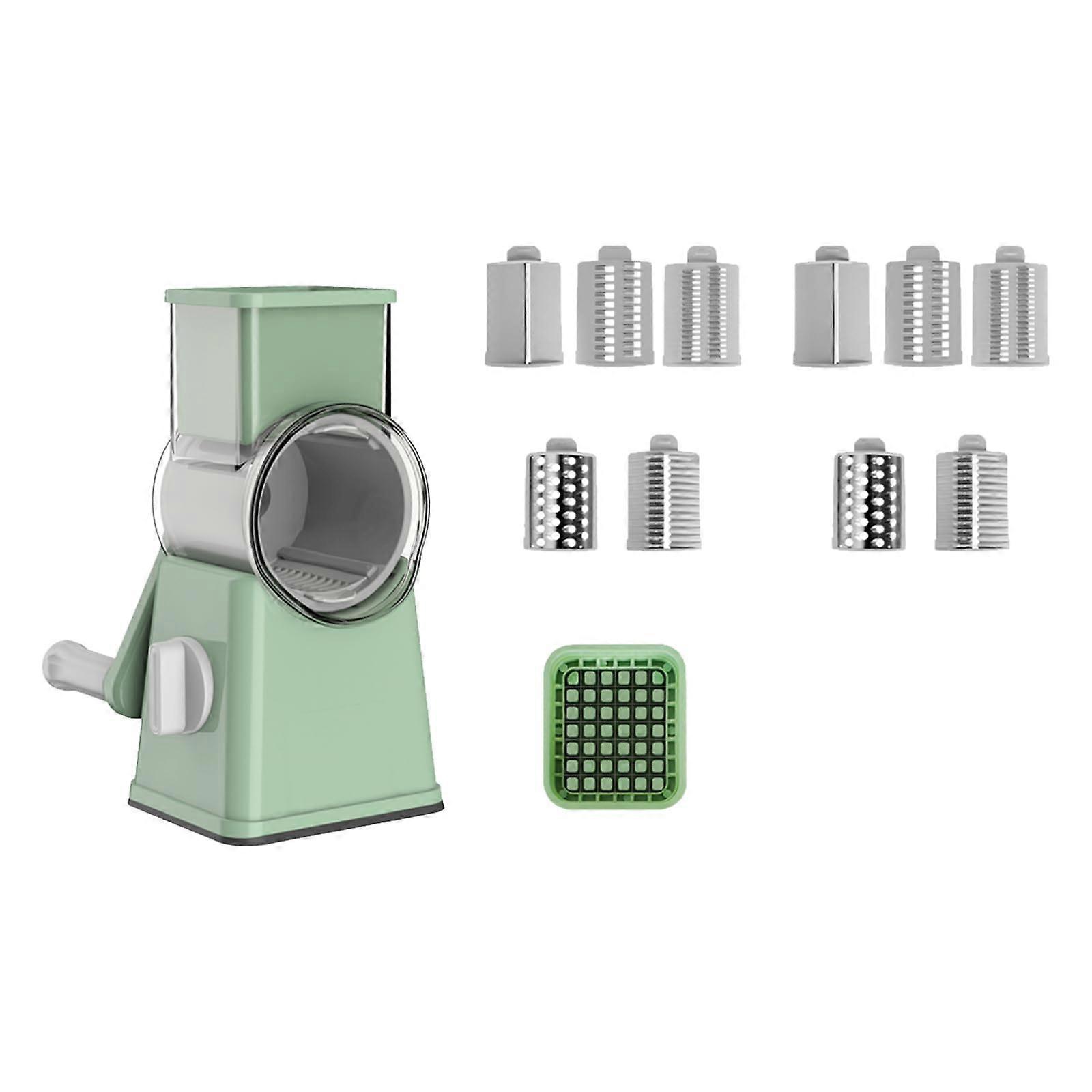 Rotary Vegetable Cutter and Cheese Grater with Interchangeable Blades, Suction Base, Green
