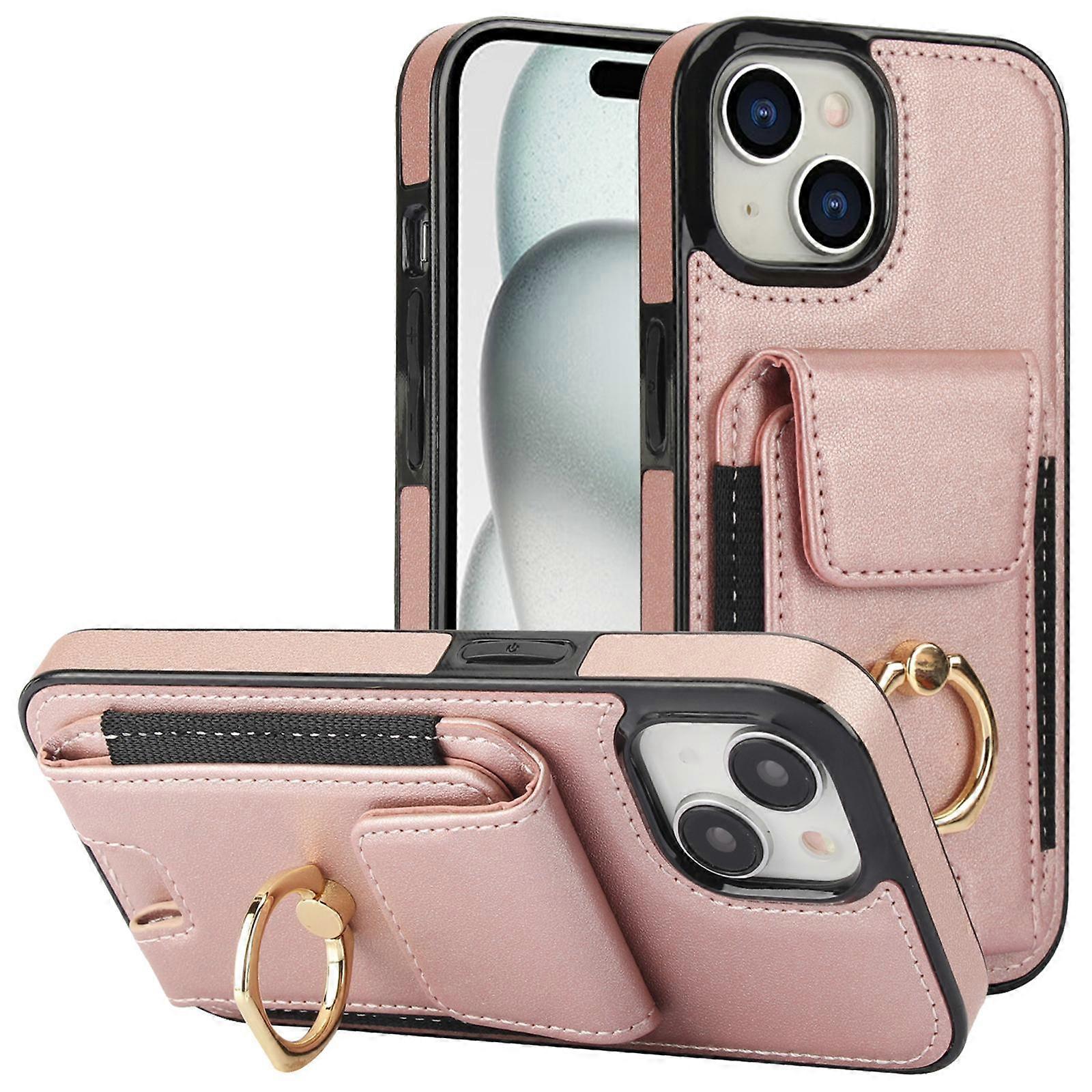 For iPhone 15 Plus Kickstand Case Drop-proof PU Leather+TPU Phone  Protector - Rose Gold