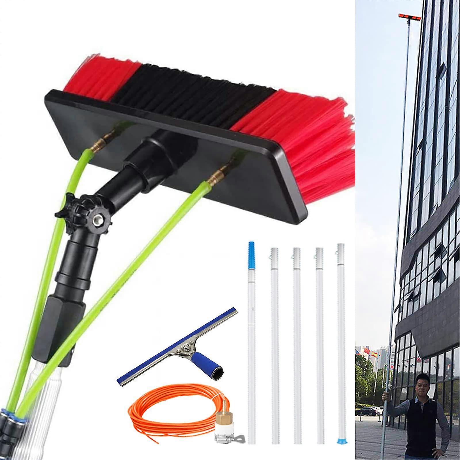 1039ft Extendable Water Fed Window Cleaning Pole Kit with Rotating Brush, Squeegee and 20m Hose