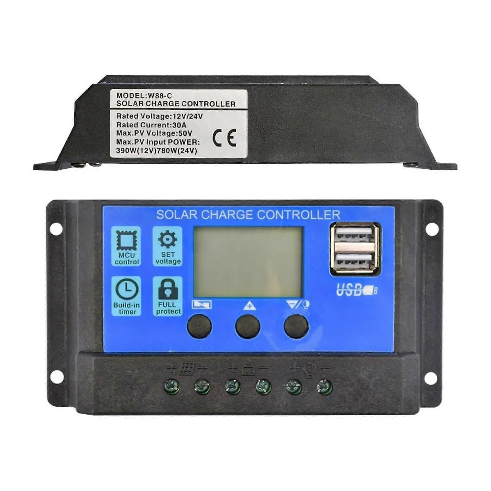 Solar Charge Controller 12V/24V 30A PWM with Adjustable LCD Display and Timer for OffGrid Systems