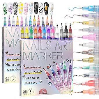 12 Colors Acrylic Nail Art Pens Set with 0.5mm Fine Tip, QuickDrying Markers for DIY Manicure 2 Sets