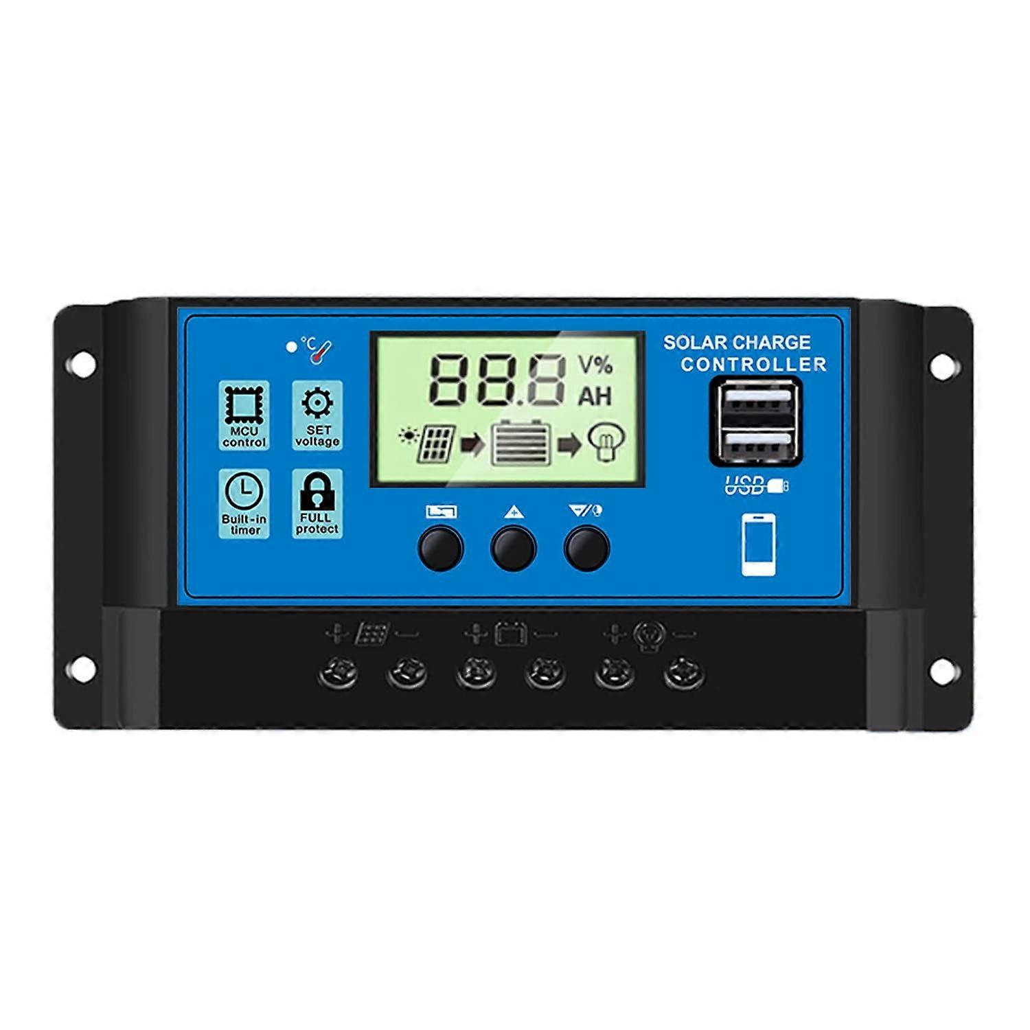 60A Solar Charge Controller 12V 24V with LCD Display Dual USB Adjustable Parameters Timer Blue