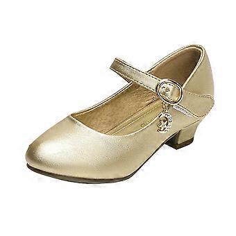 Mädchen-Pumps, Mary Jane, niedriger Absatz, Party-Pumps mit Blumenmuster, Hochzeits-Pumps, Prinzessinnen-Stil, Gold, 6-6,5 Jahre