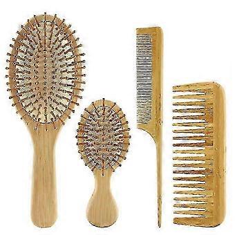 Conjunto de 4 peças de escova e pente de bambu para cabelo, incluindo escova desembaraçadora tipo raquete com dentes largos e cabo fino, ideal para mulheres, homens e crianças com cabelos grossos.
