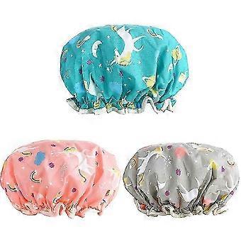 Shower Caps, 3 Pack Waterproof Double Layer Adjustable Shower Cap for Women, Men, Kids - Reusable, Oversized, Soft Polyester