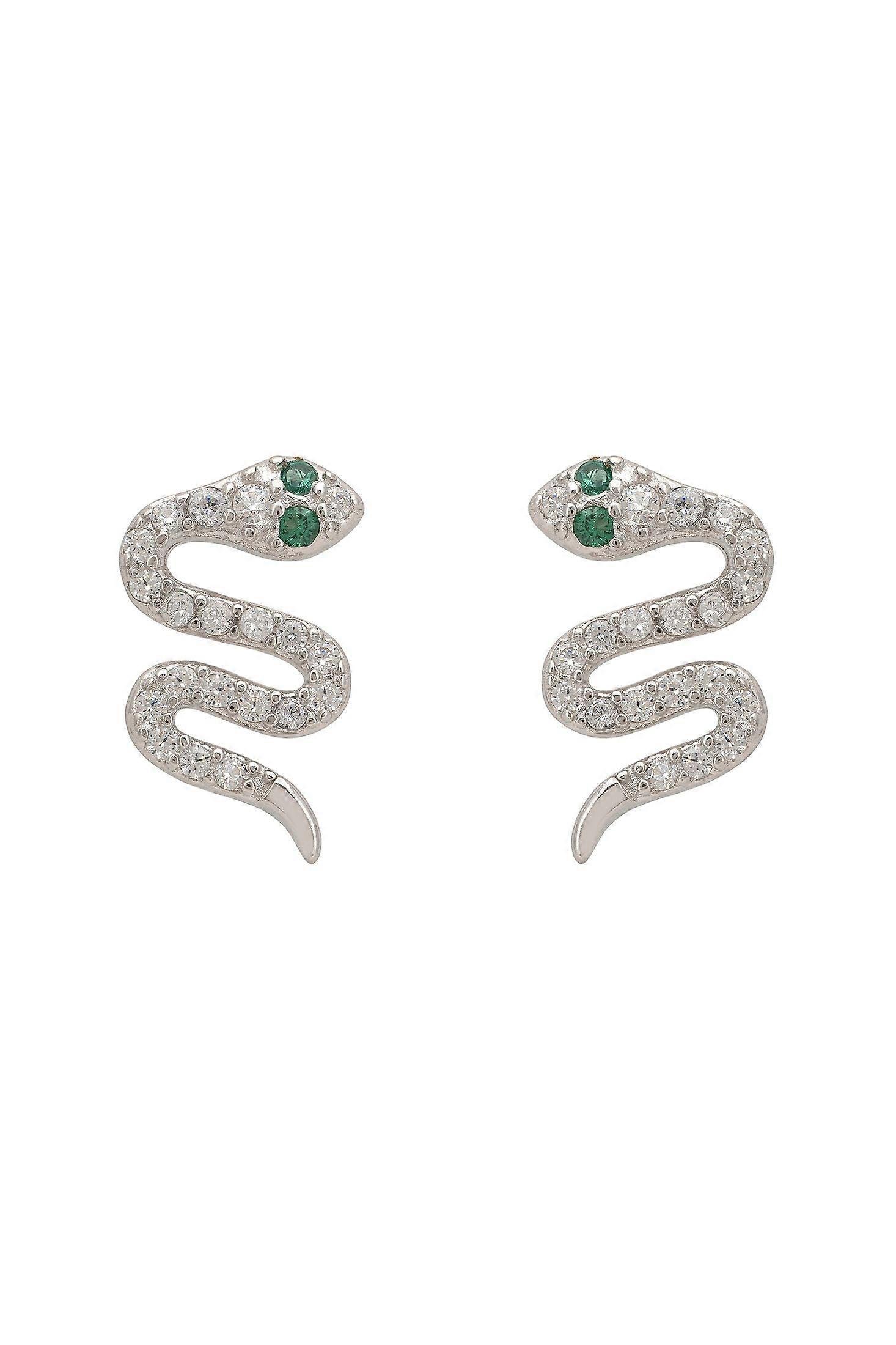 Latelita Slither Snake Stud Earrings in Silver for Women - 925 Sterling Silver with Cubic Zirconia and Green Zircon - Size 1.5cm x 0.7cm