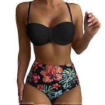 Floral Printed Spaghetti Strap Bikini Set compatible with Women - High Cut Two Piece Swimwear in Black Size L