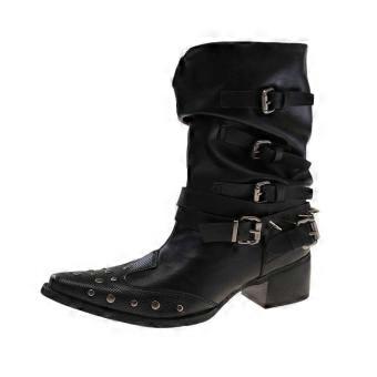 Mode, punk, metal, met klinknagels, puntige neus, western laarzen, dames, 2025, modieuze, gerimpelde, mid-calf laarzen, rijlaarzen, street style, metalen gesp, schoenen.