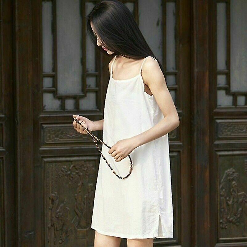 Women Cotton Linen Slip Dress Strappy Sleeveless Petticoat Midi Retro Plain Teea
