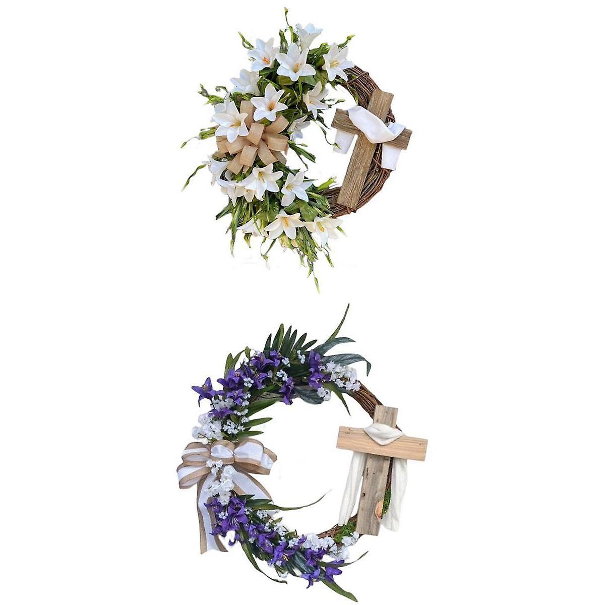 2x ghirlanda pasquale simulata con ghirlanda rotonda a croce per la porta d'ingresso