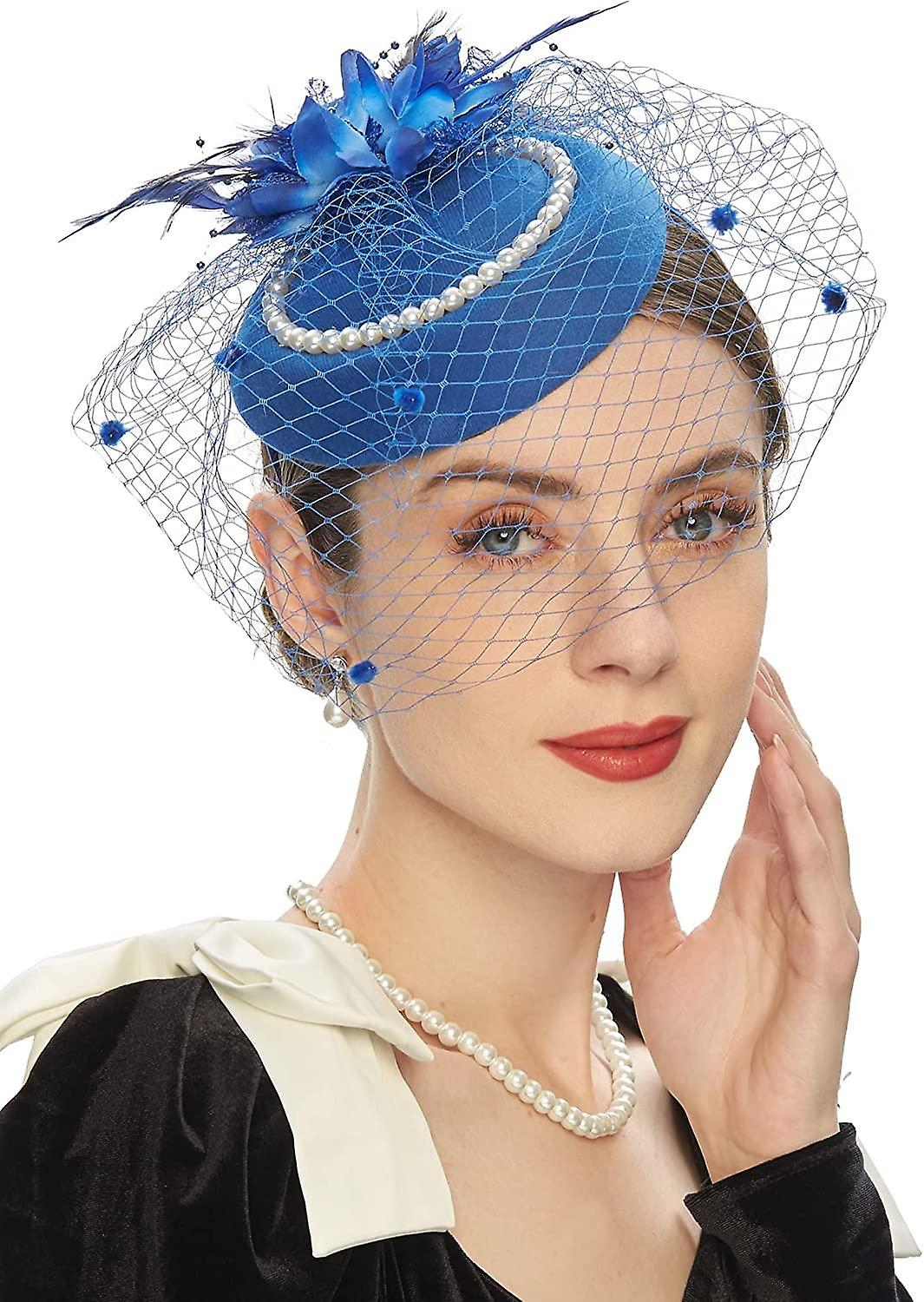 Elegant Pillbox Hats 20s 50s Vintage Fascinators for Women with Feather Mesh Veil Headband Bridal W