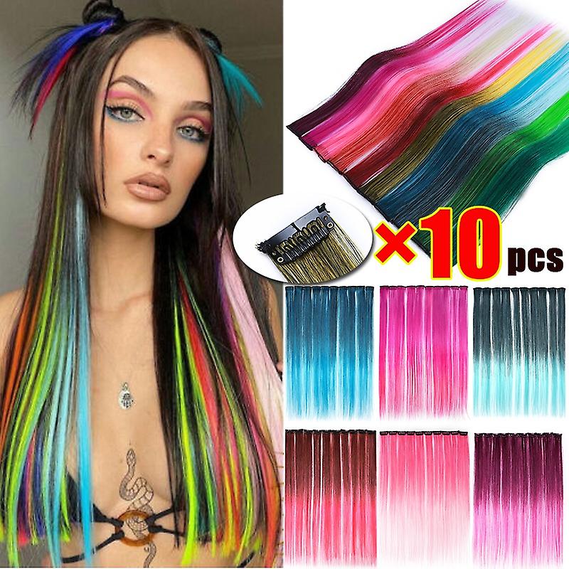 10PCS مقطع ملون في الشعر التمديدات مستقيم قوس قزح هيربيس حزب يسلط الضوء على
