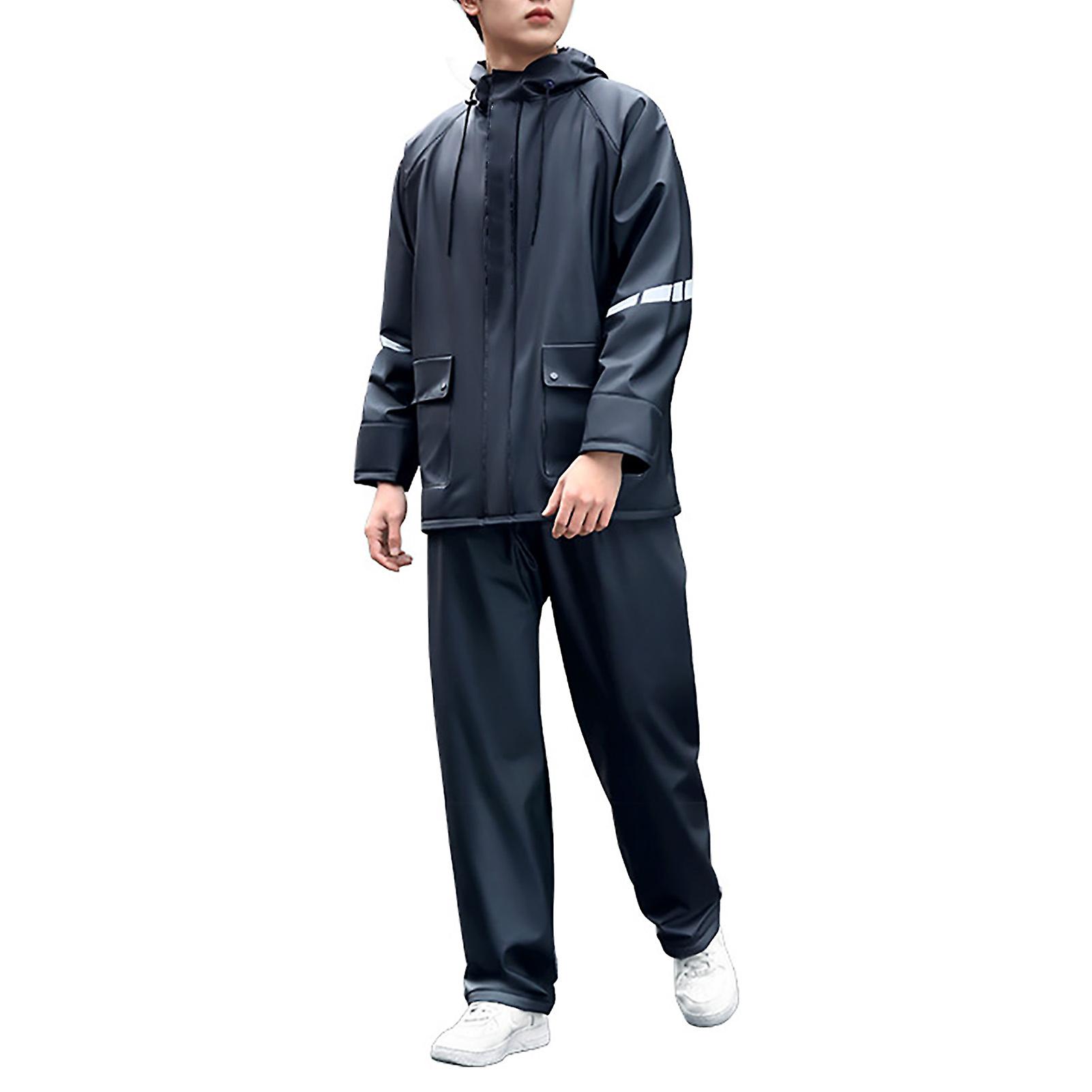 2 Pieces Raincoat Suit with Hat Waterproof Reflective Strip Split Rain Jacket Pants Set for Men Black XL