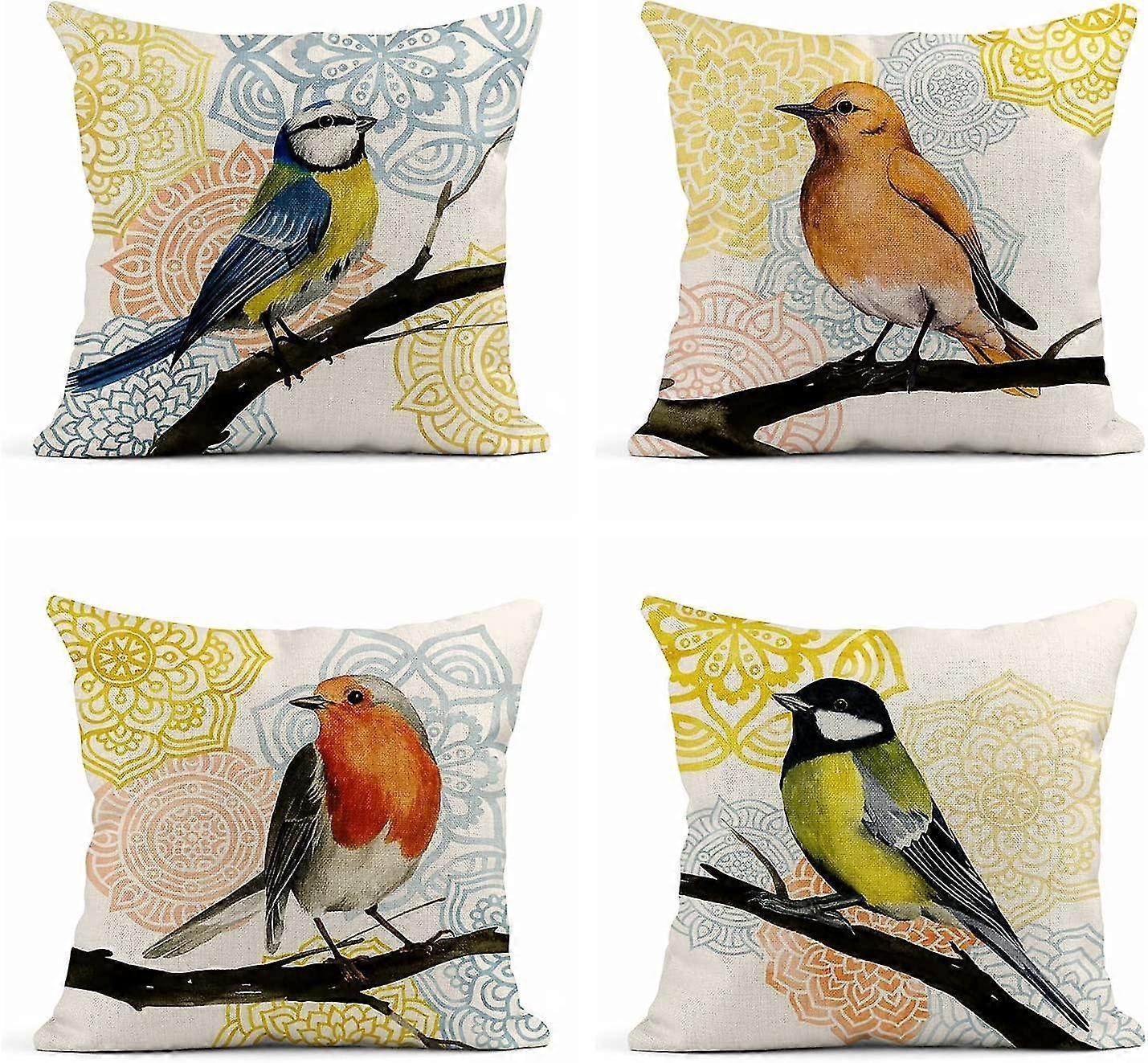 4リネンスロー枕カバー18x18インチカラフルな曼荼羅バードホームインテリア枕カバースクエアクッションカバーソファ用セット