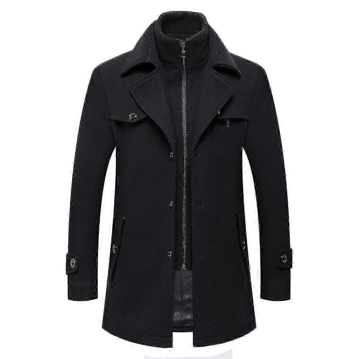 Mens Thick Winter Warm Solid Color Lapel Long Coat Zipper Button Dual-use Coat