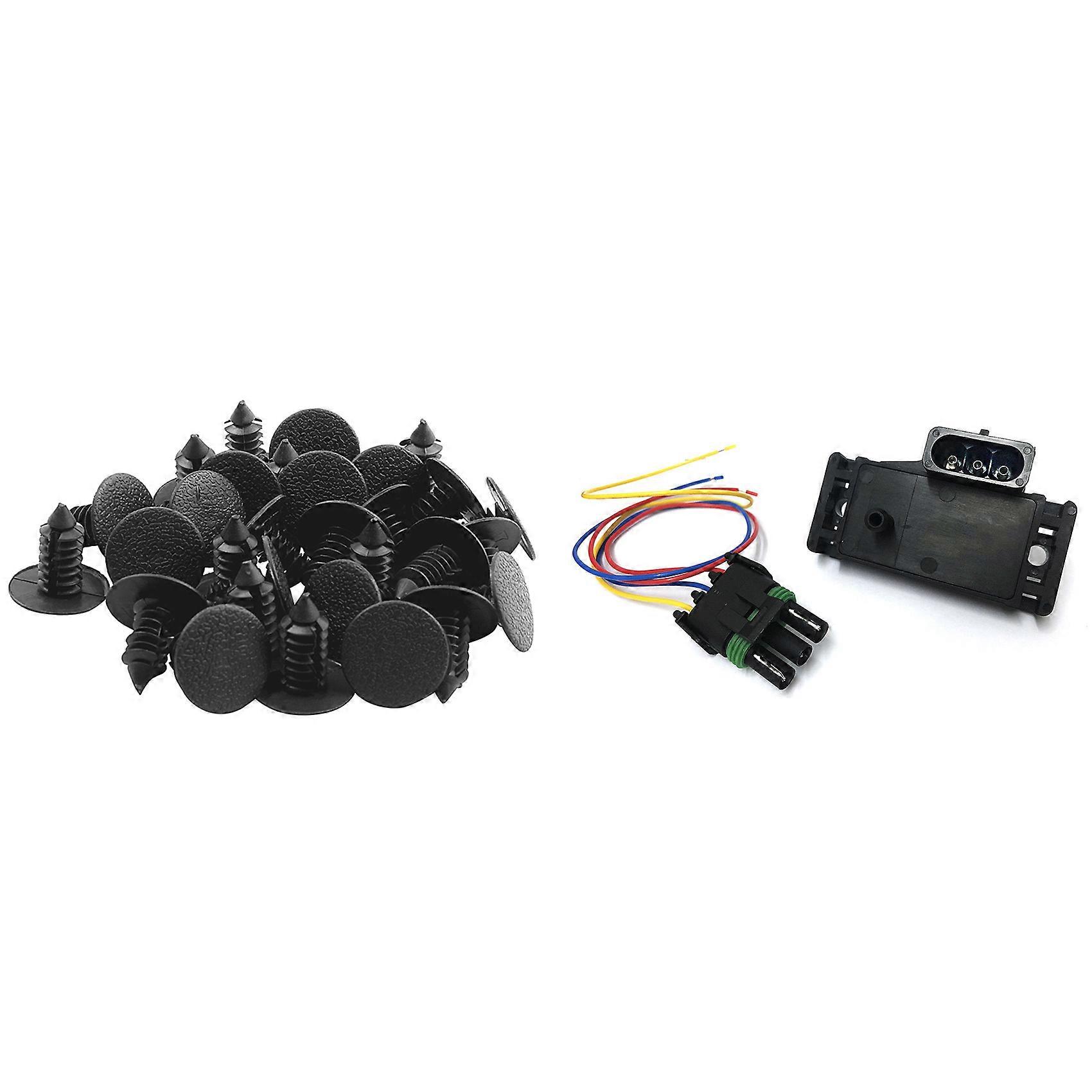 30Pcs 9mm X 8mm Hole Car Fender Tree Clips Rivets & 1 Pcs 3 Bar Map Manifold Absolute Pressure Sens