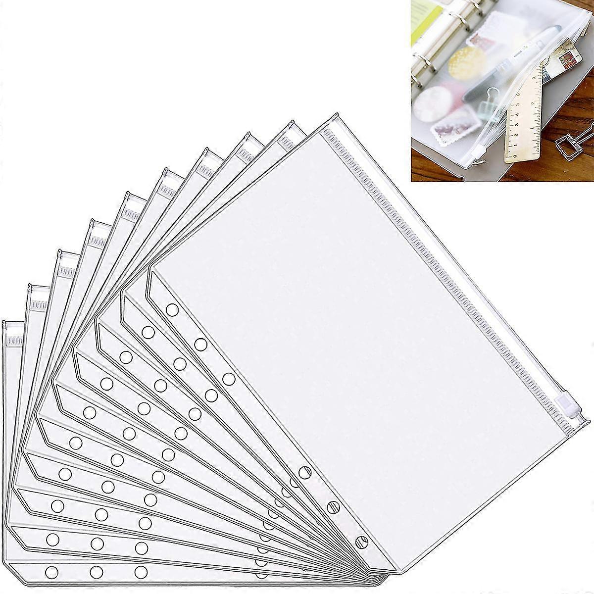 10pcs A5 Size 6 Holes Binder Pockets Translucent Plastic Binder Zipper Folder Leaf Pockets