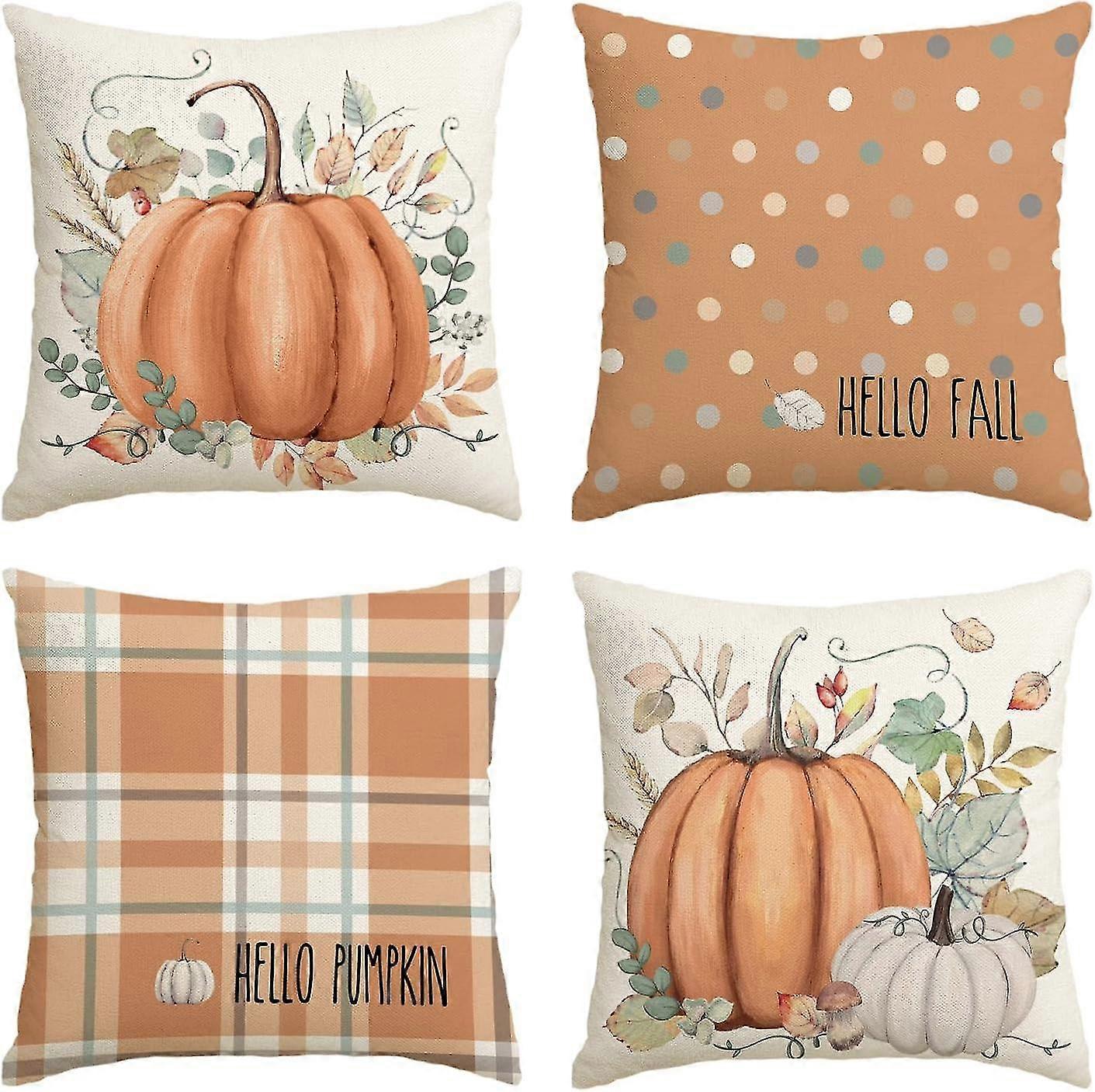 4つのハローフォールカボチャスロー枕カバーのセット、18x18インチ秋の感謝祭の収穫オレンジユーカリの装飾