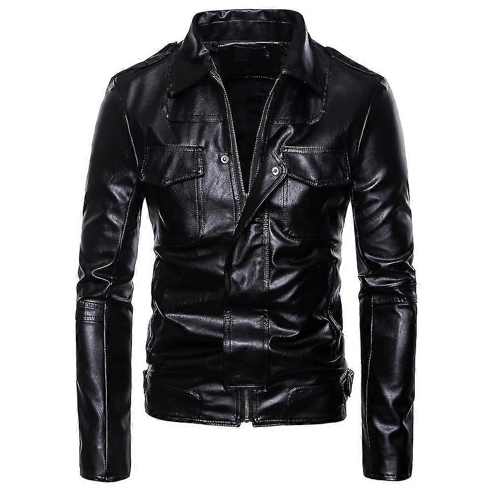 VAWAN Mens Lapel Zipper Loose Leather Jacket