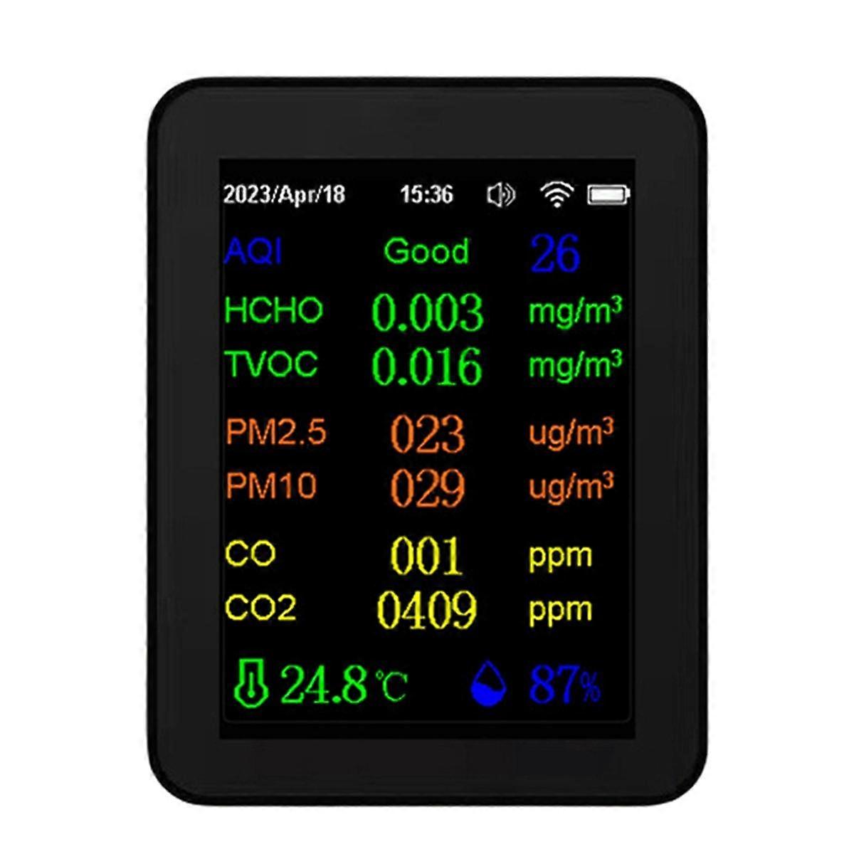 12 in 1 Air Quality Monitor CO2 Monitor with Time/ Date Display WIFI PM2.5 PM10 CO CO2 TVOC HCHO Tester,Black