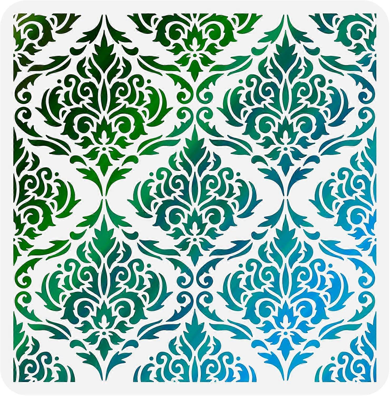 Damask Stencil 11.8x11.8 inch Flowers Tile Stencil Template Plastic Symmetrical Florals Pattern Stencil Reusable DIY Art and Craft Stencils for Painti