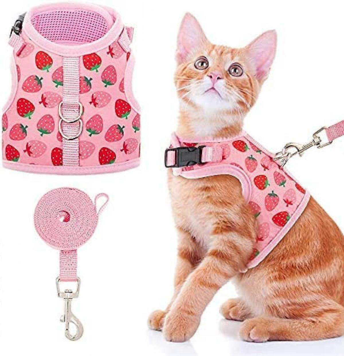 Cat Harness with Leash Escape Proof - Fashionable Mesh Cat Dog Walking Harness Leads, Adjustable for Kitties Puppies Small Animals,Strawberry,S