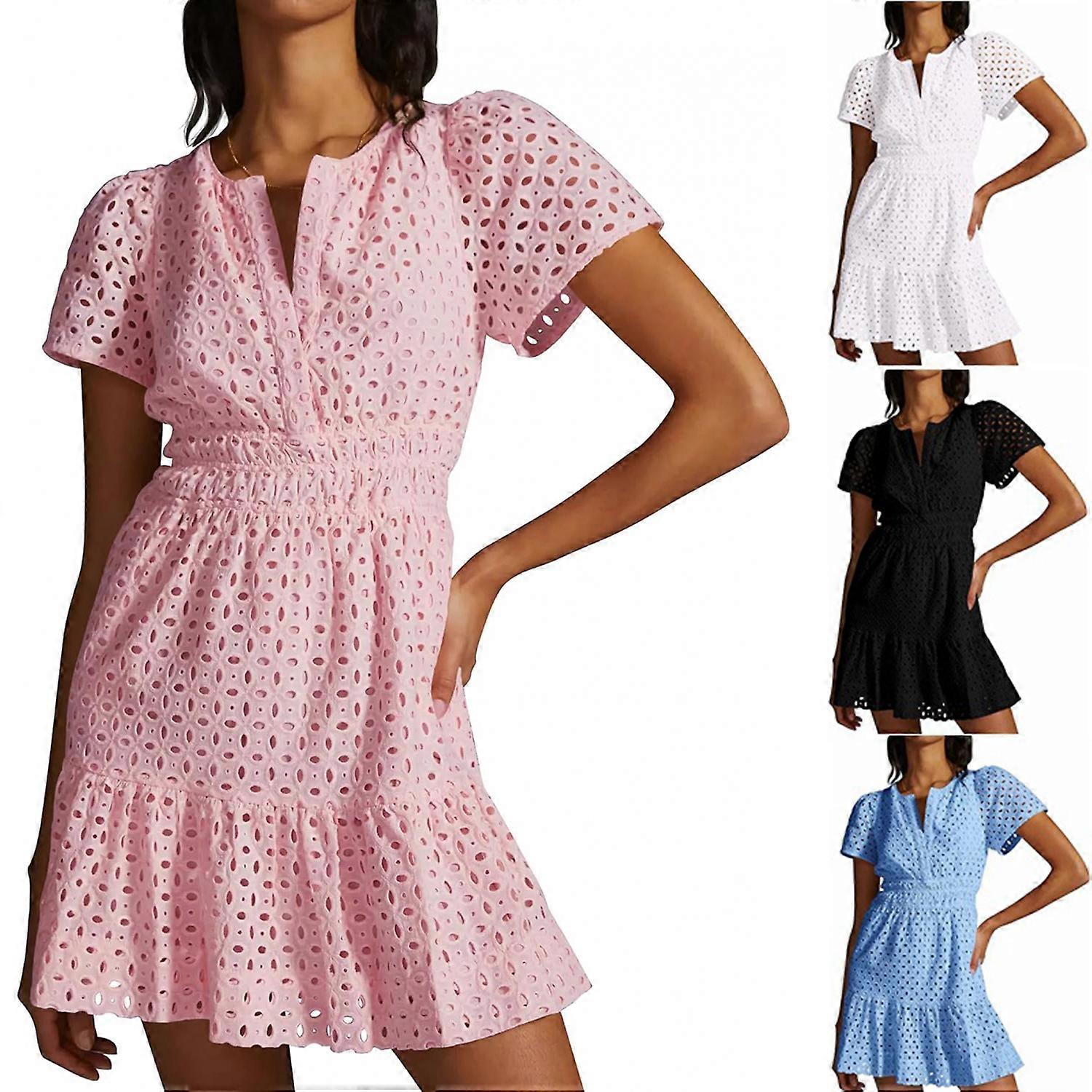 نسائي 2024 فستان قصير صيفي رقبة قصيرة كم A خط أجوف من الدانتيل كشكش لطيف عارضة فساتين حزب الشاطئ -GSL