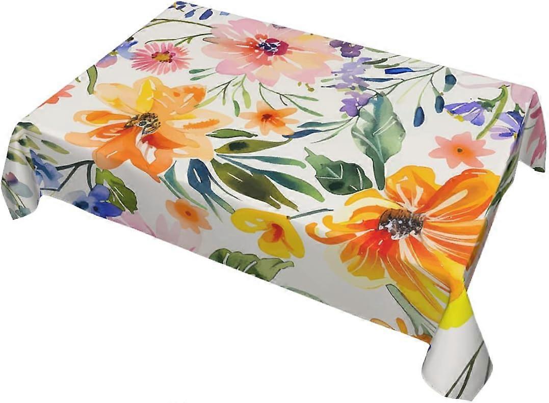 Decorative Rectangle Table Cloths Watercolor Flowers Leaves Spring Tablecloth Table Cover for Dining/BBQ/Picnic/Coffee Table 52 X 70 Inches