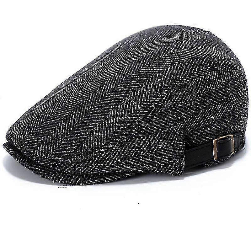 Men's Flat Beret Cap Adjustable Flat Hat Autumn Winter - Gray Herringbone