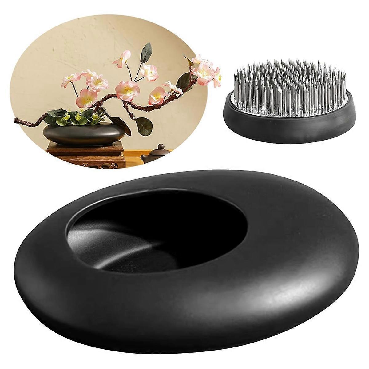 Sentimental CeramicVase Set, Pebble Shaped Flower Arrangement Bowl with 2 Inch FlowerFrog Pin Frog Stem Holder Black