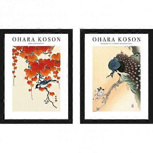 Ohara Koson Bird And Red Ivy Peacock On A Cherry Blossom Framed Print Set (Pack of 2)